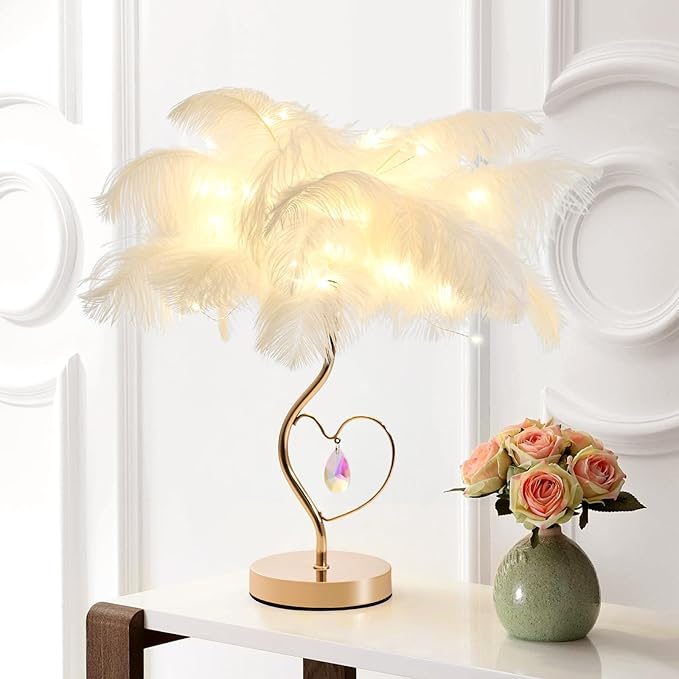 White Ostrich Feather Lamp Princess Fluffy Bedside Lamp Romantic Feather Table Lamp Nightstand Light for Girl Bedroom Wedding Decor Valentine Dating Living Room Hotel Office - Bloomnest