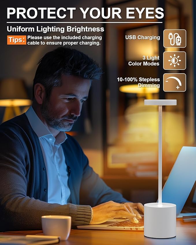 Cordless Table Lamps Rechargeable Set of 2, Portable LED Desk Lamp, 5000mAh Battery Powered Wireless Table Light - 3 Color Dimmable Lighting for Restaurant Dining Patio Outdoor Bedroom(White) - Bloomnest