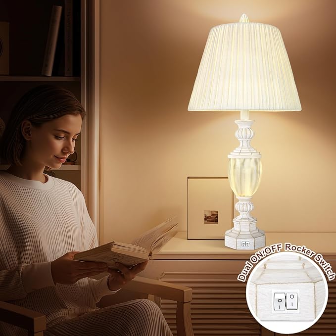 27" Rustic End Table Lamp Set of 2 with Night Light for Bedroom Living Room USB Charging Pots Farmhouse Bedside Lamp with Pleated Shade Boho Nightstand Lamps for Room Office Hotel Dorm(Bulb Included) - Bloomnest