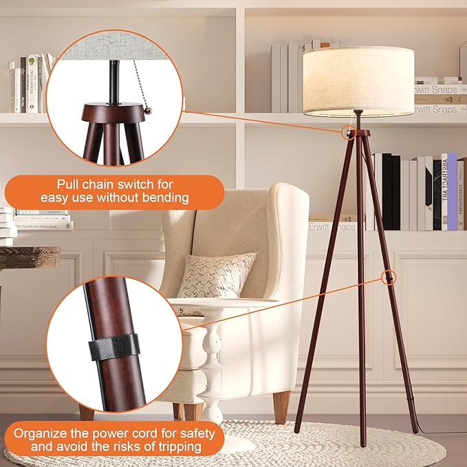 LiteHistory Wood Tripod Floor Lamps for Bedroom, Living Room, and Office, Corner lamp with Beige Linen Shade, 12W Three-Color Bulb Included, Pull Chain Switch, Gifts for mom for Home Decor, Walnut - Bloomnest