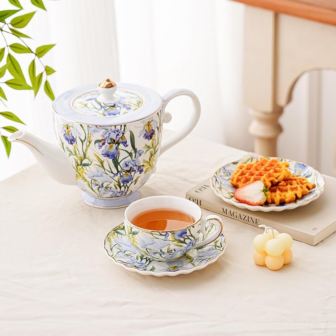 Tea Cup and Saucers, 6.4oz Floral Tea Cups with Gold Trim, Coffee Cappuccino Espresso Latte Mugs for Party Birthday,Christmas Gift (Iris - Blue) - Bloomnest