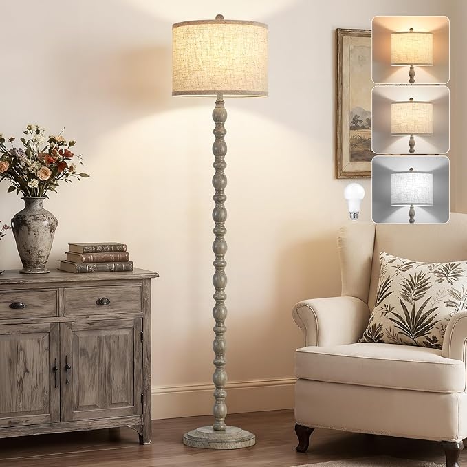 62" Floor Lamps for Living Room,3 Color Temperature Retro Standing Lamp, Vintage Farmhouse Floor Lamp with Rotary Switch, Rustic Resin Tall Lamps for Living Room, Bedroom, Office, Corner(Light Gray) - Bloomnest
