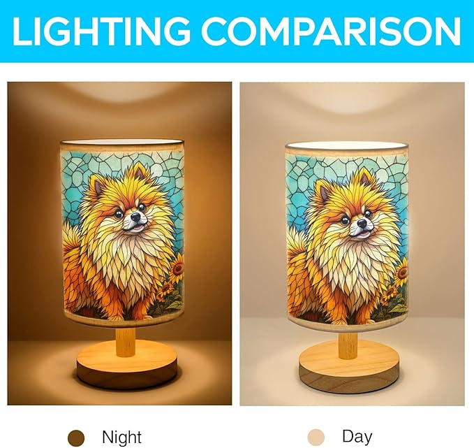 Pomeranian Table Lamp LED 3-Color Pressed Bedside, Dog Shade Lamp with Wood Base for Bedroom Living Room Desk Office - Bloomnest