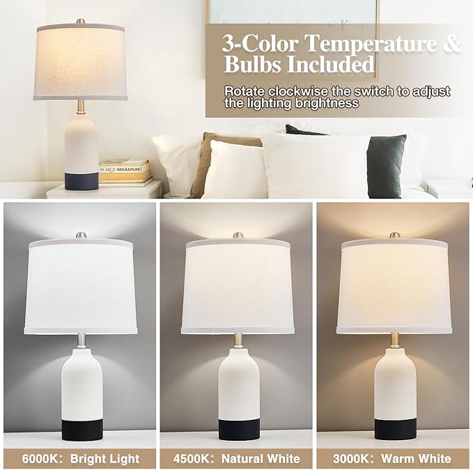 Luvkczc Modern Ceramic Lamps for Bedrooms Set of 2, 3-Color Temperature Table Lamp Bedside Nightstand Desk Reading Lamp with Fabric Drum Shade for Bedroom, Living Room, 2 Bulbs Included (21.4") - Bloomnest