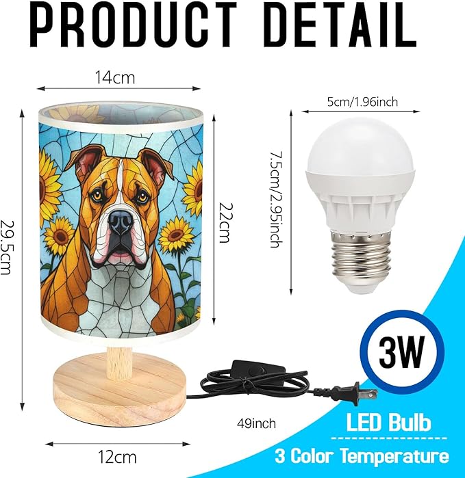 Staffordshire Bull Terrier Table Lamp LED 3-Color Pressed Bedside, Dog Shade Lamp with Wood Base for Bedroom Living Room Desk Office - Bloomnest