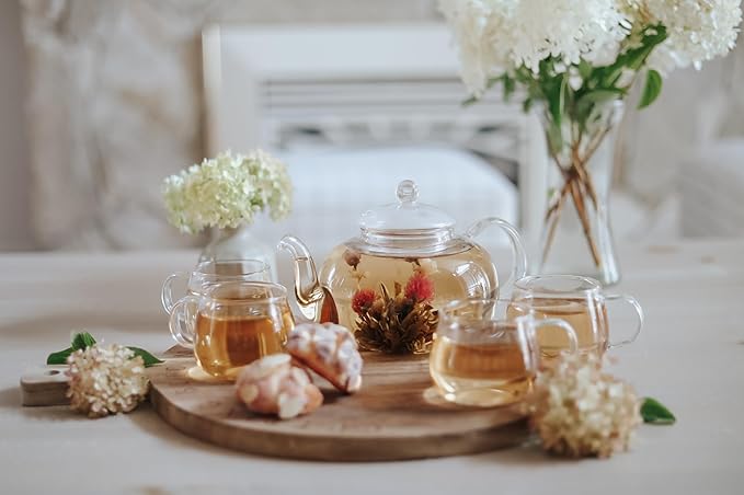 Teabloom Set of Two Premium Borosilicate Glass Tea Cups - 7 oz / 207 ml - Stain-free and Microwave Safe - Blossoms Collection - Bloomnest