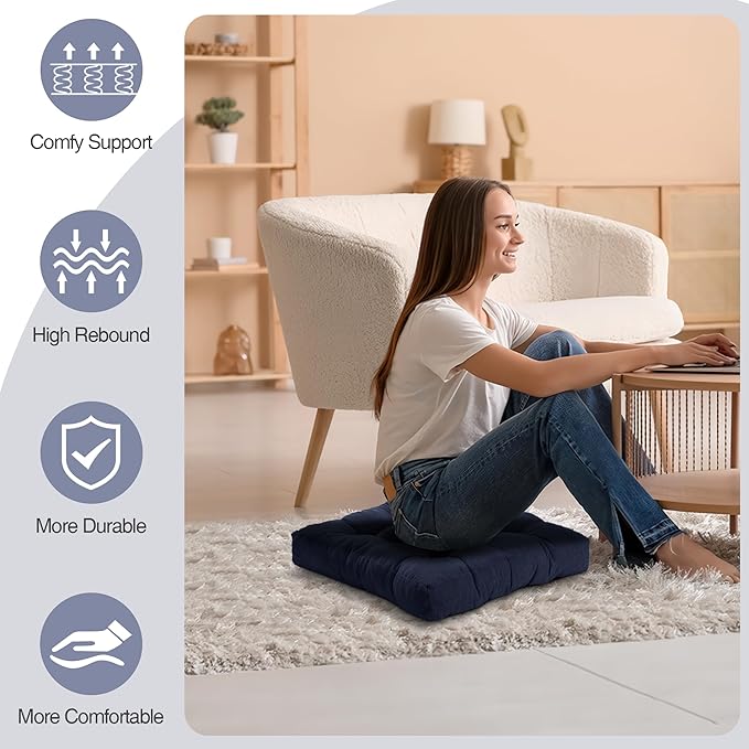 Floor Pillow Cushions for Adults Sitting Large Big Pillows for Floor Seating Square Memory Foam Thick Tufted, 22 x 22 Inch, Set of 2, Navy Blue - Bloomnest