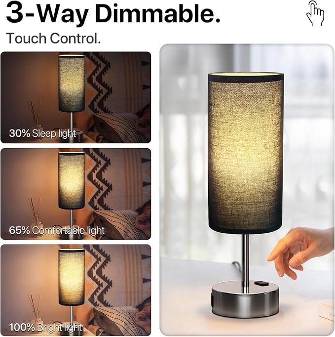 KPQ Small Bedside Lamp Touch Control Table Lamp with USB A+C Charging Ports & AC Outlet 3-Way Dimmable Nightstand Lamp with Linen Fabric Shade for Bedroom Living Room - Bloomnest