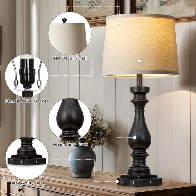 29" Tall Vintage Table Lamps Set of 2,Black Farmhouse Bedside Lamps with USB C+A Ports & AC Outlet,3-Way Dimmable Touch Lamp for Night Stands Living Room Bedroom,Black - Bloomnest