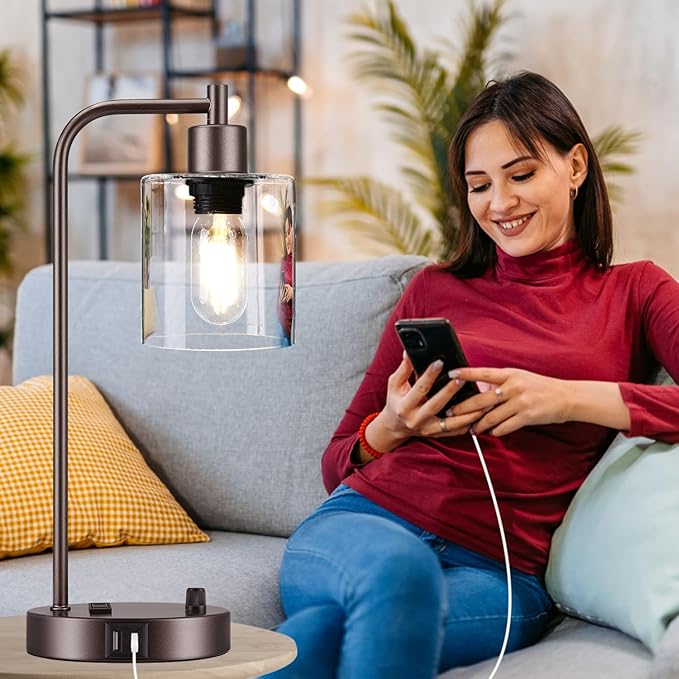 Lynnoland Set of 2 Oil Rubbed Bronze Table Lamps with USB C+A Ports and Outlet, Fully Stepless Dimmable Bedside Lamps, Industrial Desk Lamps with Clear Glass Shade for Living Room (2 LED Bulb) - Bloomnest