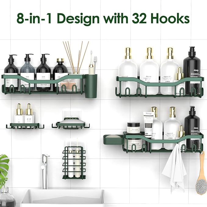 Shower Caddy Adhesive Shower Organizer 8-Pack, Rustproof Stainless Steel Bathroom Shelves, Large Capacity No-Drill Rack Storage Accessories with Soap Dish Toothbrush Holder Hooks - Bloomnest
