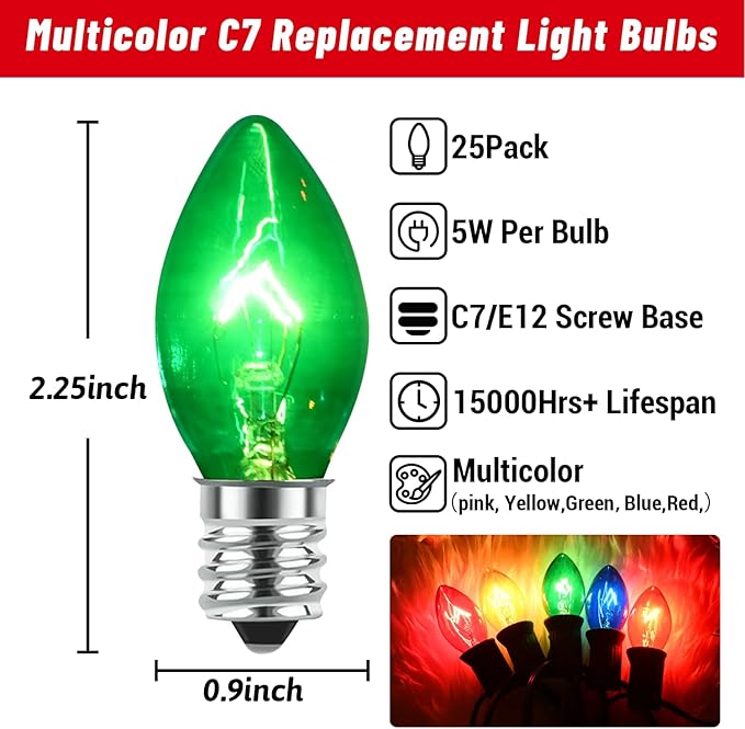 25 Pack C7 Clear Multicolor Incandescent Replacement Bulbs, 5W Warm White 2200K, E12 Base, Waterproof C7 Night Light Bulbs for Vintage Christmas String Lights Outdoor Indoor Home Party Decorations - Bloomnest