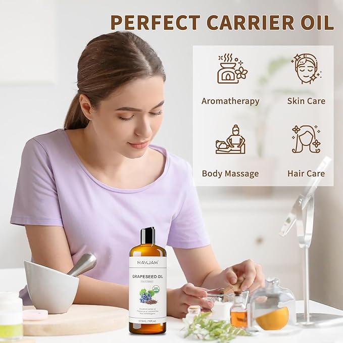 MAYJAM Organic Grapeseed Oil for Skin & Hair 16 oz, USDA Certified 100% Pure & Natural Grape Seed Oils, Cold Pressed Body Massage Carrier Oil for Skin Face Essential Oils Mixing, Hexane Free - Bloomnest