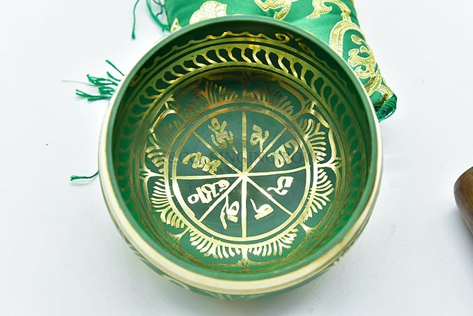 3.75" Tibetan Meditation Yoga Singing Bowl Green Set with free Wooden Mallet and Silk Cushion from Nepal, Singing bowls. (Green) - Bloomnest