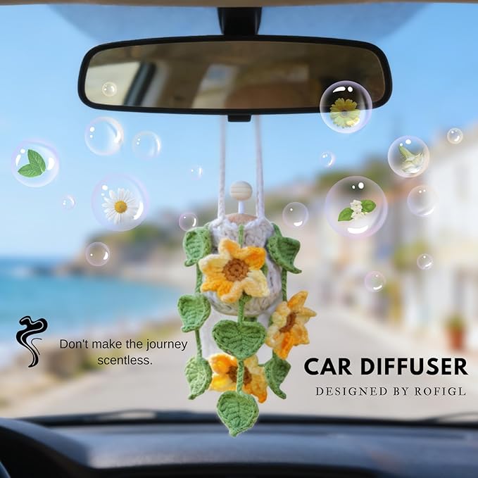 Handmade Crochet Hanging Car Air Freshener - Sunny Sunflower Design, 12ml Refillable Thick Glass Bottle, Car Diffuser for Rearview Mirror, Home & Office Cheerful Decor - Bloomnest