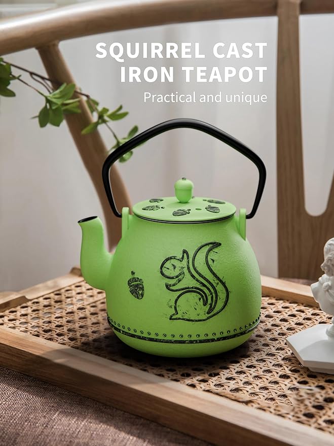 Toptier Teapot with Removable Infuser, Cast Iron Tea Kettle Stovetop Safe, Squirrel Design Tea Pot Coated with Enameled Interior for 32 Ounce (950 ml), Bright Green - Bloomnest