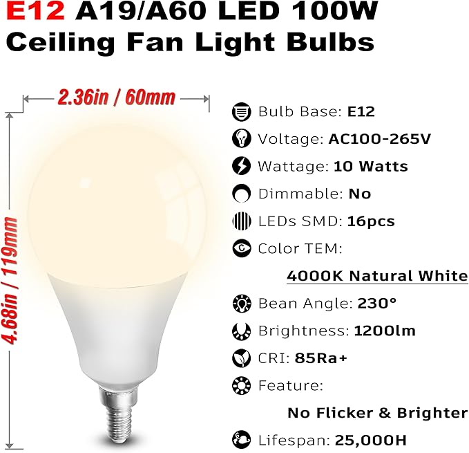 E12 A19 A60 LED Ceiling Fixture Light Bulbs 100 Watt Equivalent,Bright E12 Small Candelabra Screw Base Globe Shape LED Chandeliers Pendant Bulbs 10W 1200lm, 4000k Natural White, Non Dimmable,3Pcs - Bloomnest