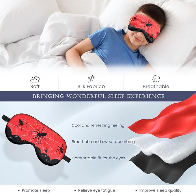 2 Pcs Sleep Mask for Kids Boys, Silk Eye Covers for Sleeping, Adjustable Strap & Light Blocking Design, Adult Children's Bedtime Blindfold for Travel and Home Use (Spider) - Bloomnest
