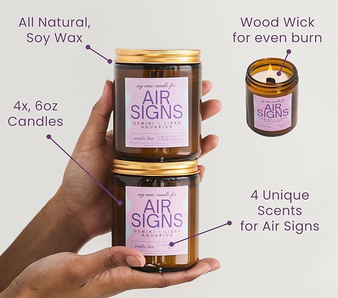 Aquarius, Gemini, Libra Gifts for Women - Wood Wick Candles, 4 Pack Small Candles Set for Women. 6oz Natural Soy Wax, Scented Aromatherapy Set for Home. Zodiac Astrology Birthday Spiritual Gifts - Bloomnest
