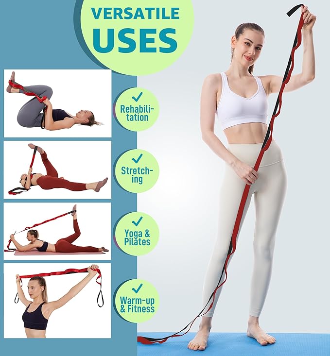 Gradient Fitness Therapy Stretching Belt, 12 Circle Multi Ring Stretching Belt (1.5 inches wide x 86.6 inches long), Therapy Equipment, Yoga Stretcher Strap,Leg Stretcher. Equipped with arch foot pads and pointed massage balls - Bloomnest