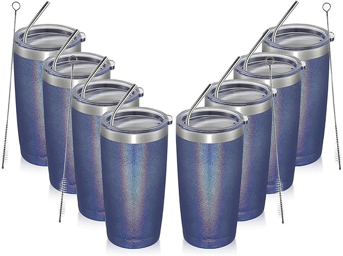 MEWAY 20oz Tumbler 8 Pack Double Wall Vacuum Insulated Travel Glitter Mug Bulk, Stainless Steel Tumblers with Lid and Straw, Powder Coated Coffee Cups for Woman(Rainbow Navy,Set of 8) - Bloomnest