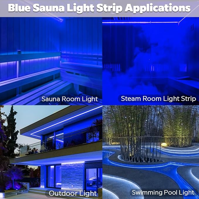 SuperLightingLED 24 Volt Blue LED Strip Sauna Light, Heat-Tolerant Flexible Dimmable Cuttable 5m/16.4ft 600 LEDs High-Density Bright IP68 Waterproof Sauna Room LED Tape (Blue) Bloomnest