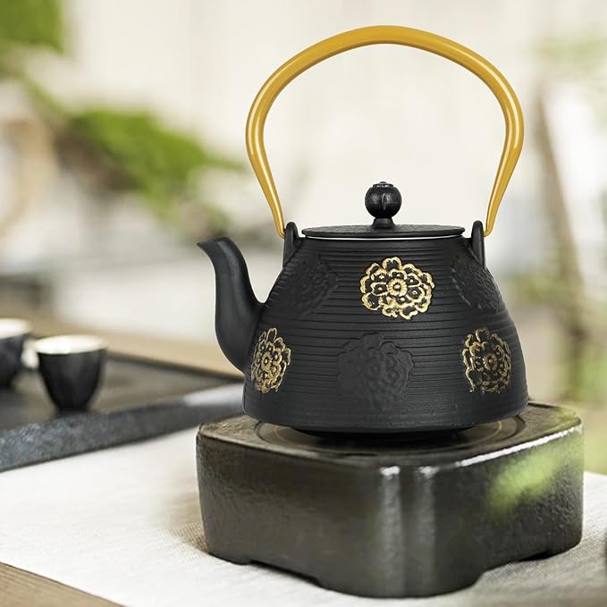 Ufine Cast Iron Teapot with Infuser for Loose Leaf Tea Japanese Style Tea Kettle for Stove Top, Enameled Interior Sakura Design (Black,40oz/1200ml) - Bloomnest