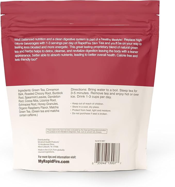 Rapid Fire Slim Tea Bags, Blend of Natural Herbs and Botanicals, Promotes Energy and Digestion, Supports Metabolism, 14 Servings, Raspberry Flavor - Bloomnest