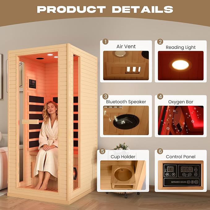 1 Person Infrared Sauna, Full Spectrum Roomy Sauna for Home, Indoor Dry Sauna with Rapid Heating 4 Carbon Panels&1 Carbon Tube, Bluetooth and 7 Color Therapy Lights, 110V BNEHSDirect