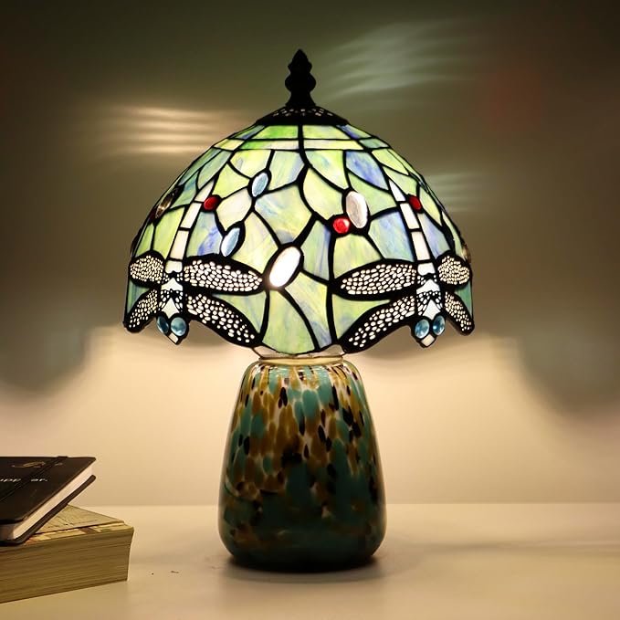 Tiffany Mushroom Table Lamp Dragonfly Style Sea Blue Stained Glass Accent Lamp Brown Blue Glass Base 8X8X12 Inch - Bloomnest