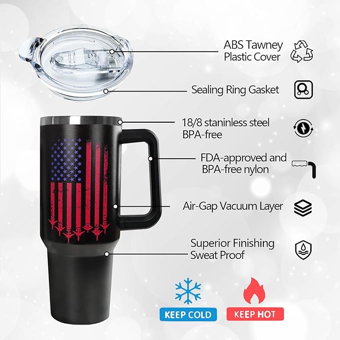 Ceovfoi Pilot Gifts for Men, 40 oz Pilot American Flag Stainless Steel Tumbler with Handle Lid and Straw, Pilot Stuff Supplies Accessories - Bloomnest