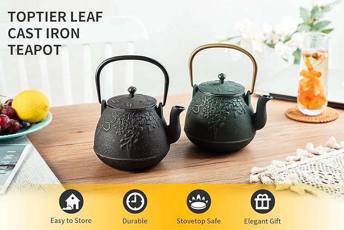 Toptier Tea Kettle for Stove Top, Cast Iron Teapot Stovetop Safe with Infusers for Loose Tea, 54 oz, Black - Bloomnest