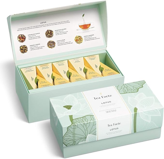 Tea Forte Lotus Presentation Box Tea Gift Set Sampler, 20 Assorted Variety Handcrafted Pyramid Infuser Bags, Black, Green, Oolong, White, Herbal Blends - Bloomnest