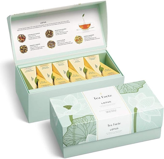 Tea Forte Lotus Presentation Box Tea Gift Set Sampler, 20 Assorted Variety Handcrafted Pyramid Infuser Bags, Black, Green, Oolong, White, Herbal Blends - Bloomnest