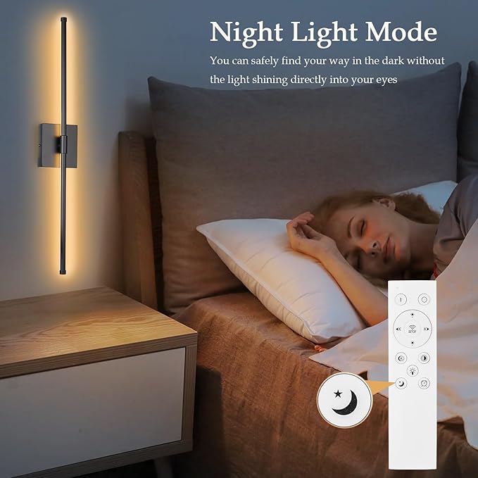 LED Wall Sconces with Remote Control, 5 Colors 3000K-6500K & Dimmable, Hardwire Wall Light with Timer & Night Light, LED Black Wall Lamps for Living Room, Bedroom, 27.55 Inch - Bloomnest