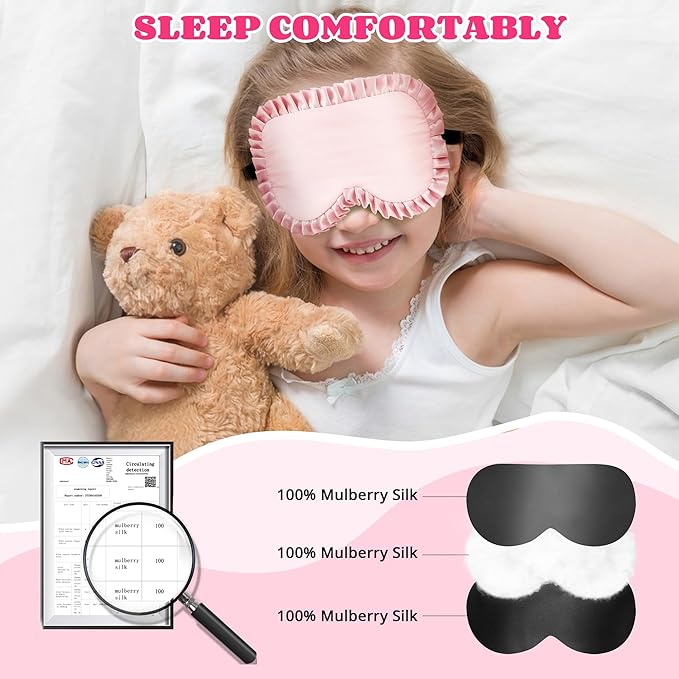 Kids Sleep Mask Eye Cover, 100% Real Mulberry Silk Sleep Mask with Adjustable Strap, Kids Blindfold for Sleeping, Boys Girls Eye Shade for Ages 5+, Soft and No Pressure (Pink) - Bloomnest