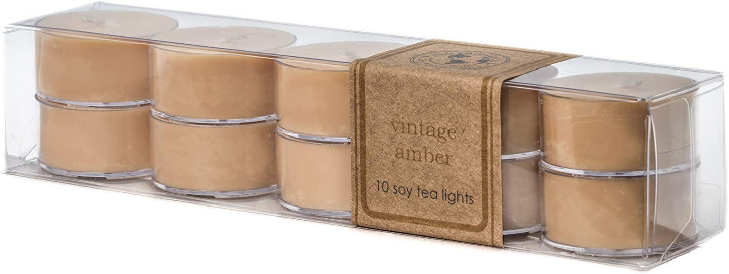 ECO CANDLE CO. Tea Light Candles, Vintage Amber, 10-Pack - Scents of Wood Resin, Nutmeg, Cinnamon, & Vanilla - Recyclable, 100% Soy Wax, No Lead, Hand Poured, Midwest Grown Soybeans, .6 oz. Each - Bloomnest