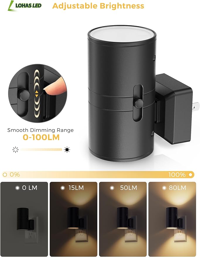 L LOHAS LED Night Light Plug in, Modern Night Lights Plug into Wall, Dusk to Dawn Sensor, Soft White 3000K, 0-100LM Adjustable Brightness, Dimmable Night Lights for Hallway Bedroom Stairway, 2 Pack - Bloomnest