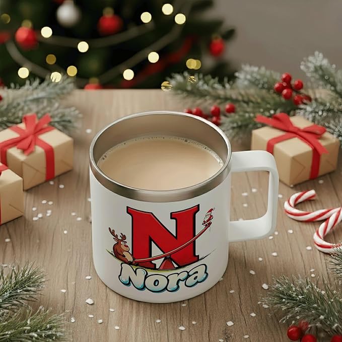 JugJug Personalized Christmas Mug with Initial & Name - Funny Seesaw Santa 12oz Insulated Coffee Cup w/Lid - Cute Xmas Gifts for Kids, Girls (B174) - Bloomnest