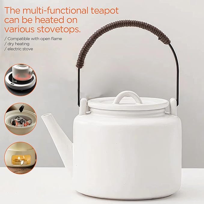 Small Stove Safe Ceramic Teapot with Cold Touch Curved Handle (27oz) - Hand-Glazed Finish - Suitable for Boiling Water and a Variety of Teas and Herbs - Matte Black-White - Bloomnest