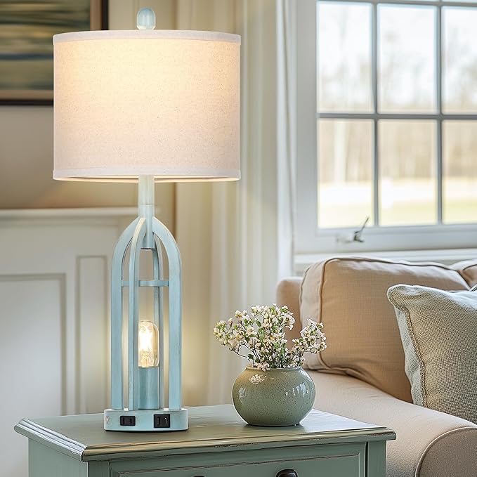 27" Farmhouse Table Lamps for Living Room,Blue Vintage Lamps Set of 2 with USB A+C Charging Ports & AC Outlet, Retro Nightstand Lamp with Fabric Shade for Bedroom, Entryway(4 Bulbs Included) - Bloomnest