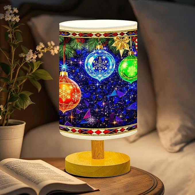 Ornament Xmas Table Lamp LED 3-Color Pressed Bedside for Merry Christmas, Ornament Xmas Shade Christmas Table Lamp with Wood Base for Bedroom Living Room Desk Office - Bloomnest