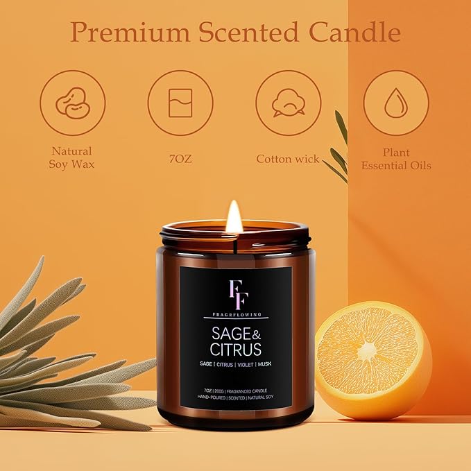 Sage & Citrus Candle, Scented Candle for Home Soy Wax Candle, Aromatherapy Candle Gift for Women Men, 7oz - Bloomnest