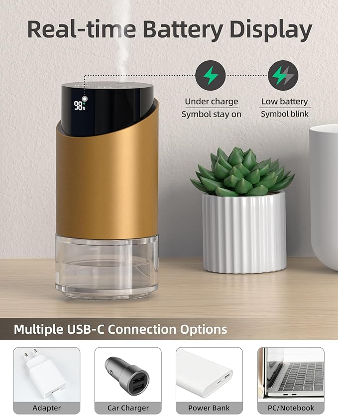 Waterless Essential Oil Diffuser Aromatherapy Scent Diffusers for Home Large Room, Car, Office, Desk, Mini Battery Operated Cordless Air Freshener, 4 Timers & 3 Mist Levels, 100ml Capacity (Golden) - Bloomnest