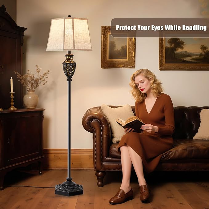 Luvkczc Vintage Black Floor Lamp - Hand-Painted Gold Resin with 6-Sided Carved Hollow Nightlight, Traditional Standing Lamp for Living Room, Bedroom, Study (Bulb Included) - Bloomnest
