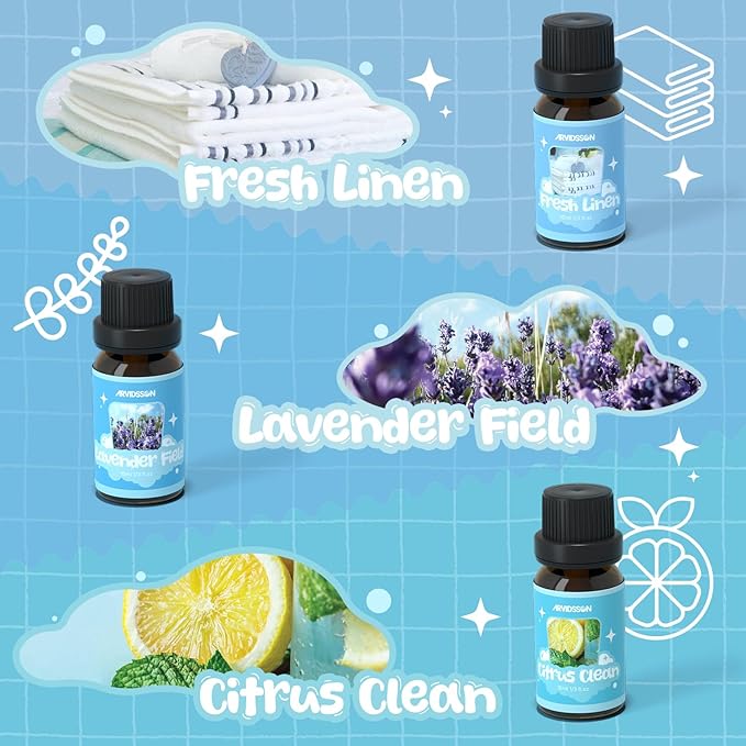 ARVIDSSON Laundry Collection Essential Oil Set, Natural Clean Essential Oils for Diffuser, Use with Wool Dryer Balls - Fresh Linen, Citrus Clean, Laundry Day, Chamomile Bliss, Lavender Field, Minty - Bloomnest