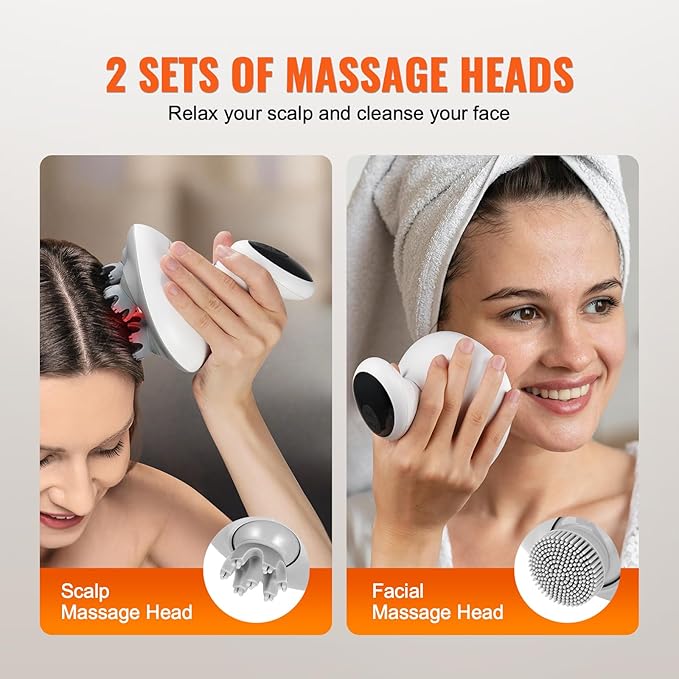 VEVOR Electric Scalp Massager, Rechargeable Head Massager Hair Growth, IPX7 Waterproof | Portable Kneading Scalp Scratcher with 8 Removable Massage Head for Stress Relief, Deep Clean, Gift for Mom/Dad VEVOR