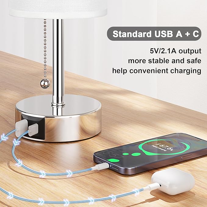 White Table Lamp for Bedroom Nightstand - Small Lamp with USB A + C Charging Port, 3 Color Temperatures Pull Chain Night Stand Light, Silver Base Desk Reading Lamp for Living Room - Bloomnest