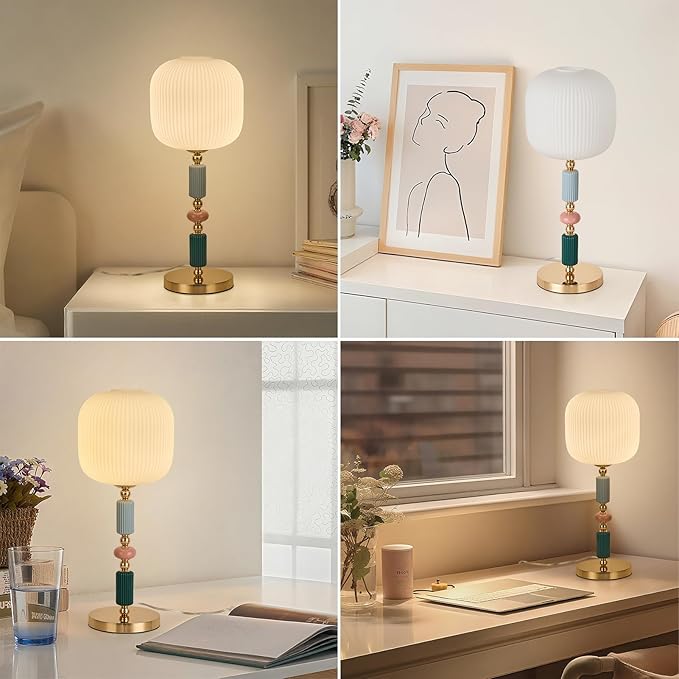 Milk White Glass Shade Table Lamp Modern Metal Desk Lamp with Plug Cord Switch for Bedroom Dining Room - Bloomnest
