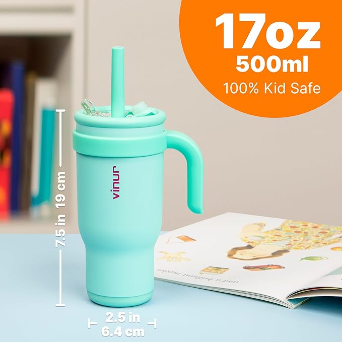 VINUR Kids Insulated Tumbler with Handle 17 oz Stainless Steel Double Wall Vacuum Water Tumbler Cup with Lid and Straw, Gifts for Girls (Teal) - Bloomnest